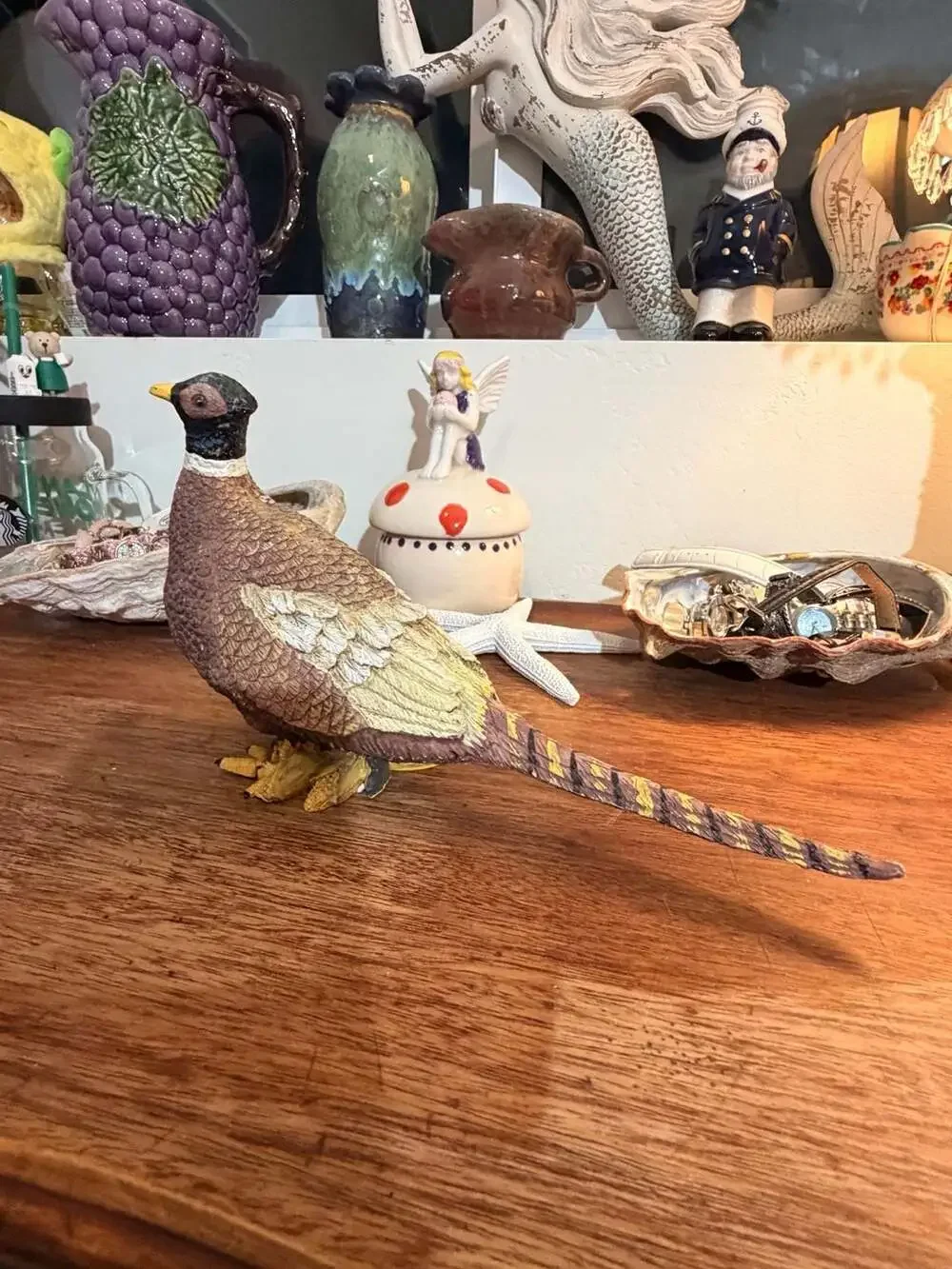 Vintage Handcrafted Resin Pheasant Bird Figurine Acorns Fall Leaves Decor